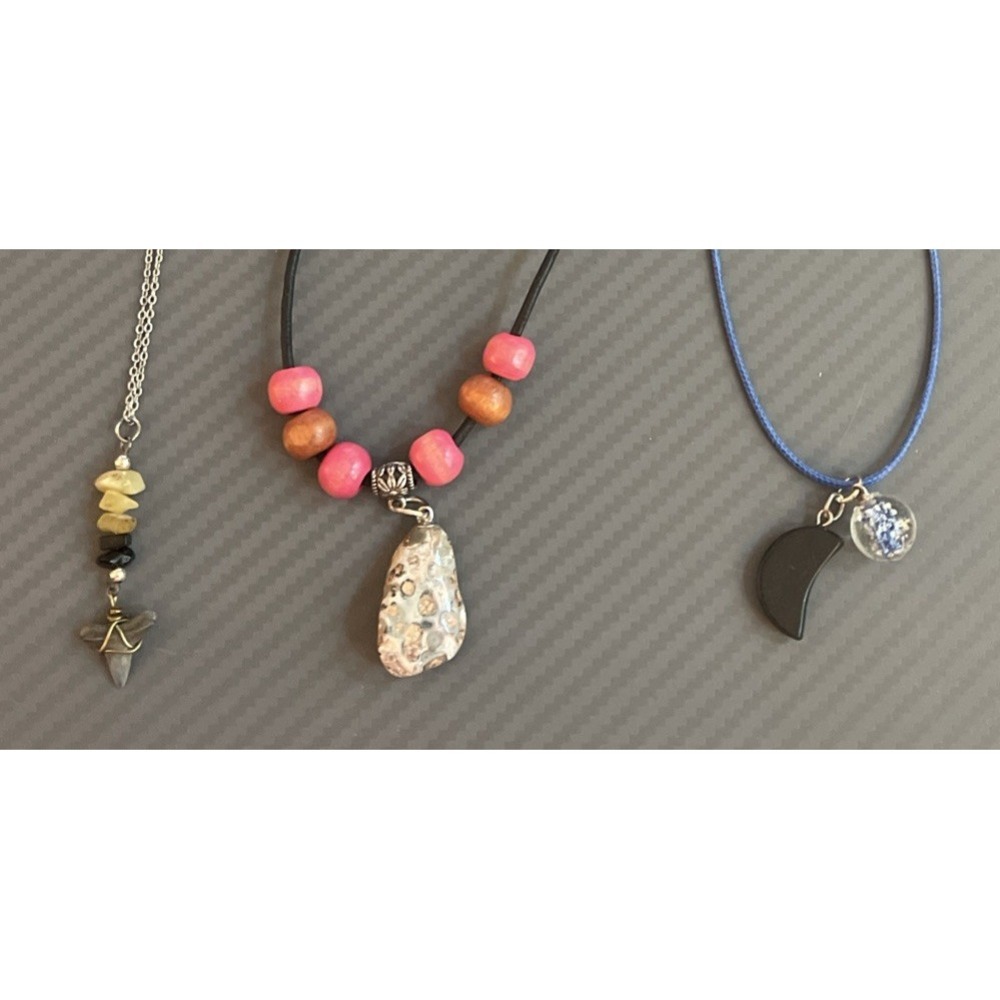 Lot of 3 Necklaces Leopard Skin Jasper Shark Tooth Acrylic Moon Gem Stone Beads